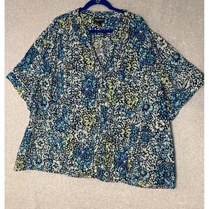 Maggie Barnes Floral Top Womens 5x Button Up Short Sleeve V Neck Stretch